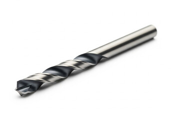 A single, sharp metal drill bit with a spiral flute, isolated on a clean white background. Modern, minimalist studio shot of a hardware tool