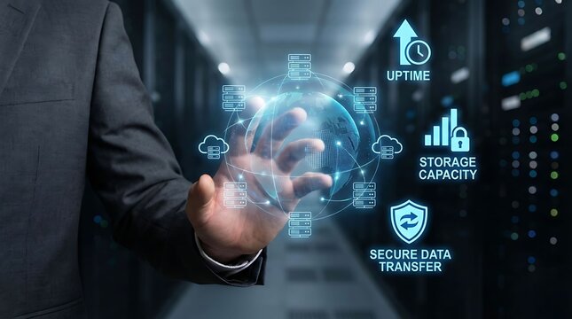 Boost your business with secure data transfer and cloud uptime solutions presented by confident businessman in sleek server room, offering reliable storage capacity