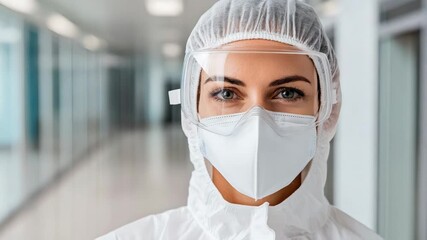 Medical protective suit face mask safety goggles healthcare worker hospital corridor smiling