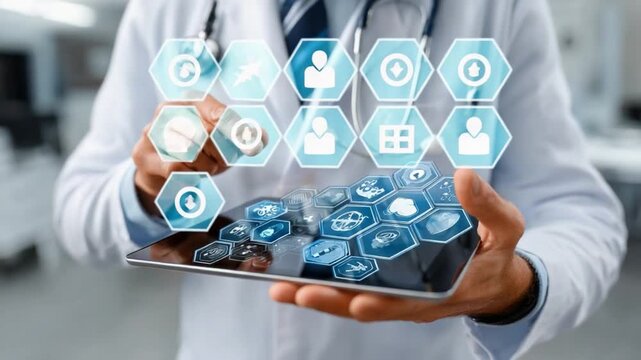 Health Professional: An image showcasing a health professional interacting with a digital interface, reflecting technological integration in modern healthcare.