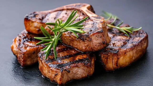 Lamb chop grilled and seared with rosemary charred glaze, savory stacked chops