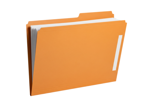 A close-up studio shot of a single orange file folder with tabs and blank labels, isolated on a white background, conveying organization and office supplies