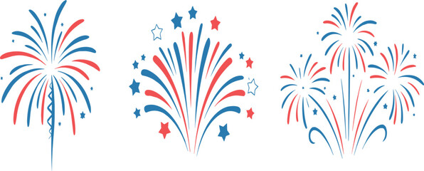 Set of Three Stylized Fireworks Illustration, Red White Blue Celebration Design, American Independence Day Patriotic Event Graphic Collection, Vector Clip Art
