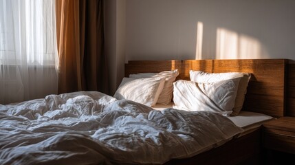 Sunlight streams across a cozy, unmade bed with pillows and bedding.