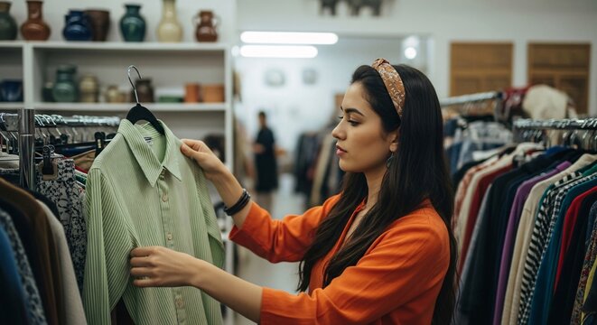 Stylish Woman Shopping at Thrift Store Seeking Sustainable Fashion Treasure Sustainable Living Fashion Conscious Consumer Browsing Racks in Boutique Looking for Deals