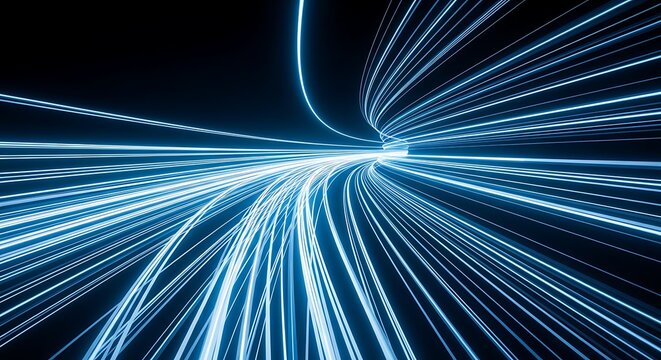 Abstract blue light streaks zooming through a futuristic tunnel, representing high-speed data transfer and innovation now. - Powered by Adobe