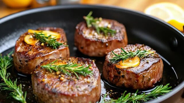 Pan seared beef medallion steak with rosemary and garlic in sizzling skillet, savory and glistening