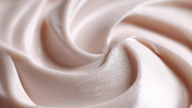 Close-up of pale pink whipped cream frosting swirled into smooth, curling ridges.