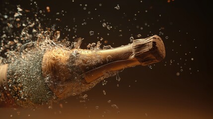 The exact moment the cork explodes off a bottle of champagne, symbolizing celebration, triumph, and the dynamic release of energy marking a victory or New Year's Eve.