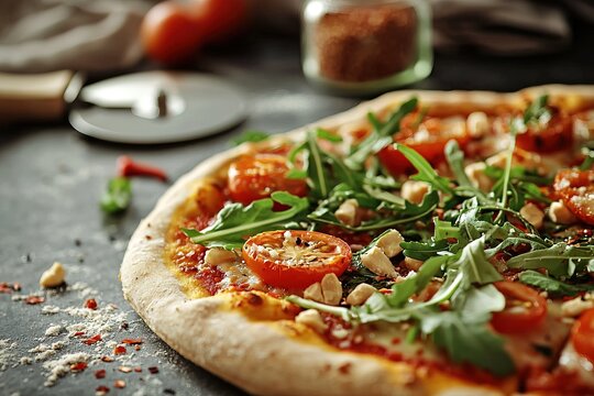Freshly baked vegan pizza topped with greens, tomatoes, nut based cheese, photographed with natural styling and cooking accessories. Ideal for culinary magazines, recipe books, lifestyle content - Powered by Adobe