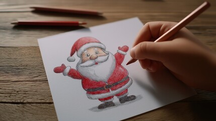 A hand drawing a joyful Santa Claus figure with a red colored pencil.