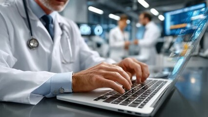 Doctor's Digital Domain: A seasoned physician, typing away on a laptop, embodies technological integration in the realm of medical science. - Powered by Adobe