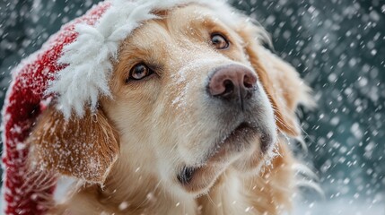 A golden retriever happily panting while wearing a Santa hat, enjoying the gently falling snow.	