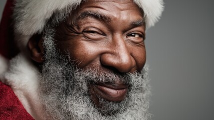 African American Santa Claus with a full, textured grey beard, giving a warm, playful wink and mischievous smile.