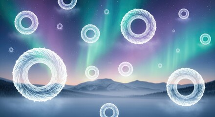 Floating rings with aurora borealis background over mountain and lake
