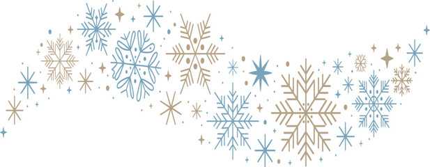 Snowflake Swirl Border Decorative Design, Blue and Gold Winter Ornament, Elegant Christmas Holiday Wave Divider Element, Minimalist Line Art Vector Illustration