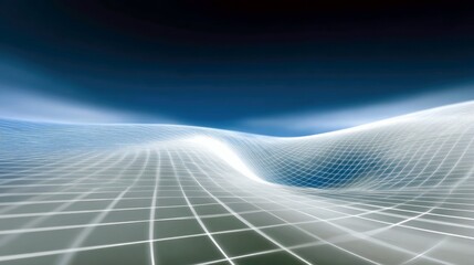 A digitally rendered abstract landscape featuring a white grid that curves and undulates, set against a dark blue gradient background. The lighting is soft and