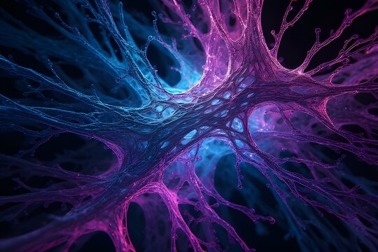 Digital Cliff - Abstract digital landscape featuring a sharp foreground drop-off. Glowing filament waves in neon cyan and violet, creating a distinct compositional boundary effect.