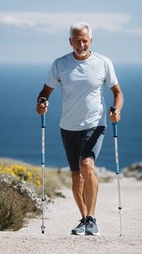 Active Senior Embracing Nature: An active senior man confidently hikes along a scenic trail, trekking poles in hand, with the serene ocean views in the background.