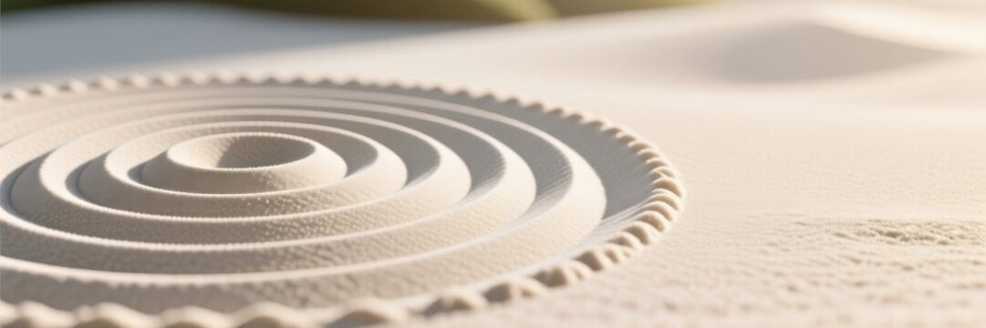 Concentric circles raked in the sand of a Japanese zen garden. Abstract pattern for meditation and relaxation. Minimalist background with copy space