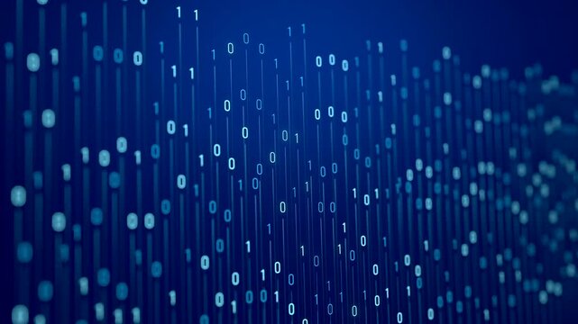 Abstract binary code moving up and down agains blue background. Digital, technology, data, encryption, process. 3D animation