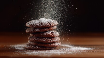 Dramatic slow-motion video captures a stack of freshly baked chocolate or gingerbread cookies being showered with fine powdered sugar.