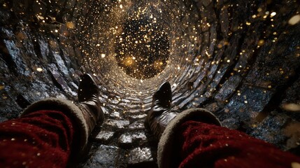 First-person shot (POV) captures Santa Claus's boots and red suit looking up the dark chimney shaft.