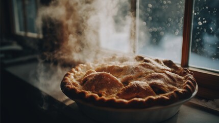 A freshly baked apple pie, with fragrant steam gently rising, set on a sunlit windowsill against a frosty winter view.