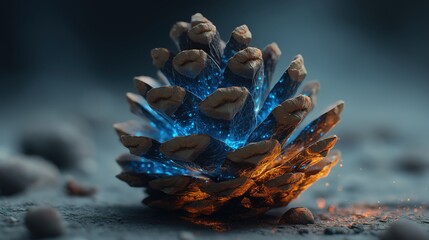 A pinecone infused with a glowing, intricate blue digital network and warm orange light.