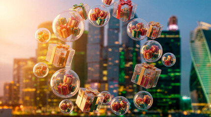 Transparent floating gift boxes and glossy spheres filled with presents against a modern city skyline. Cinematic glowing light and dynamic festive atmosphere with a clean central zone for a message.