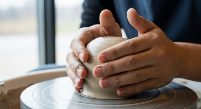 Hands of a potter shaping a clay ball on a pottery wheel. Craftsperson creating handmade ceramics in a workshop