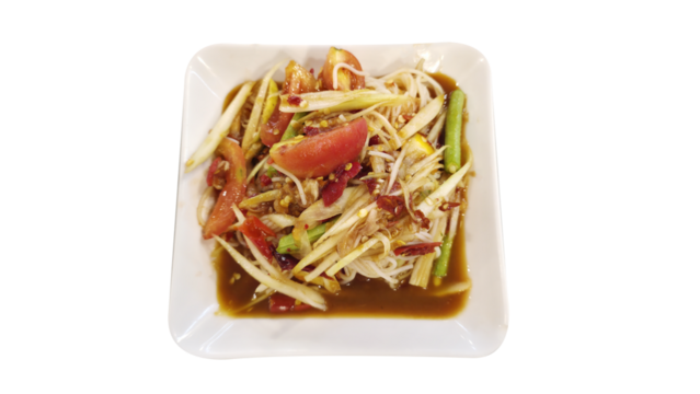Traditional Thai dish "Tam Sua Pu Pla Ra", featuring spicy papaya salad mixed with rice noodles, salted crab, and fermented fish sauce