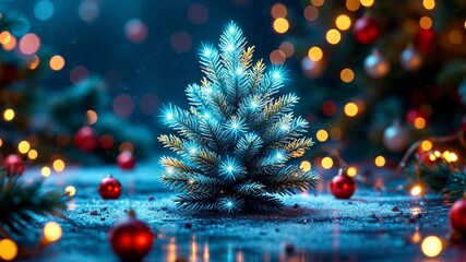 Magical Christmas tree sparkling with blue lights, surrounded by red ornaments and golden bokeh