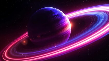 Abstract animation of an exoplanet orbiting a sun with vibrant, neon glowing rings against a starfield - Powered by Adobe