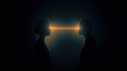 Two human silhouettes facing each other, their minds connected by an intense beam of glowing golden light, symbolizes telepathy, deep connection, and the transfer of consciousness or shared ideas.