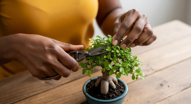 Close-up of a Black woman's hands trimming a small bonsai tree with scissors. The art of horticulture and indoor plant care as a mindful hobby