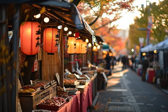 street with lot of food stands and people walking by. atmosphere is lively and bustling