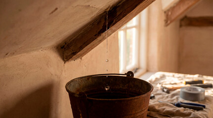 Close-up of water dripping from a ceiling corner into a bucket under dramatic lighting. Moisture damage and leakage concept illustrating emergency repair, home maintenance and urgent plumbing issues.