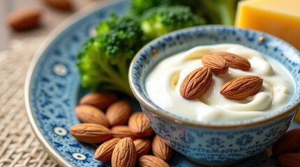 Un plato equilibrado de alimentos ricos en calcio que incluye yogur, almendras, queso y brócoli, bellamente dispuestos para promover huesos fuertes
