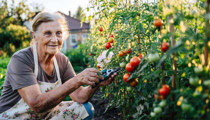 Serene image of an elderly woman tending to her tomato garden, embodying themes of homegrown goodness, health, and the simple pleasures of life in natural light.