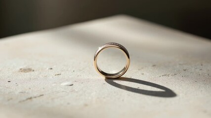 Golden wedding ring with diamonds rotating on a stone surface under bright sunlight, casting a shadow - Powered by Adobe