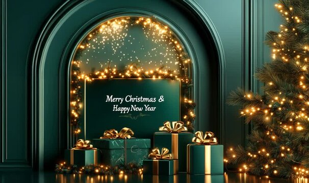 Guirlande lumineuse et pluie d&rsquo;&eacute;tincelles autour de cadeaux vert &eacute;meraude avec texte en anglais &laquo; Merry Christmas & Happy New Year &raquo; devant un sapin d&eacute;cor&eacute; dans un d&eacute;cor festif de No&euml;l