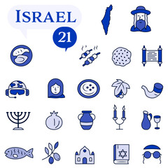 A set of blue and white icons dedicated to life in Israel.