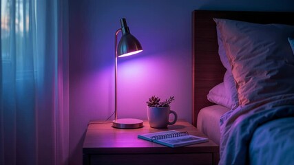 Modern lamp with smart bulb changing colors in a cozy bedroom setting for ambient lighting at night - Powered by Adobe
