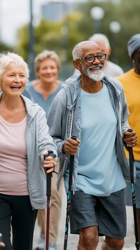Golden Years Stride: A vibrant group of senior citizens embraces vitality through a lively outdoor walking session, demonstrating the beauty of healthy aging.