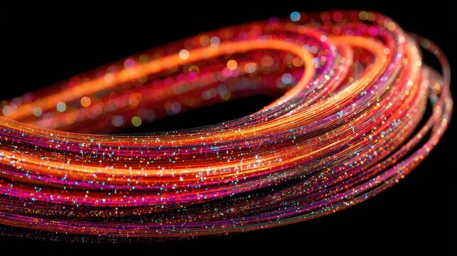 Bright Fiber-Optic Cables Form a Stunning Ring, Showcasing Cyber Networks and Luminous Technology Under Dark Background