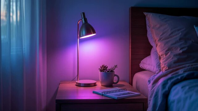Modern lamp with smart bulb changing colors in a cozy bedroom setting for ambient lighting at night
