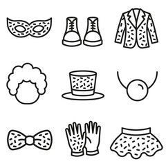 A set of icons of carnival costumes and accessories. Circus icons.