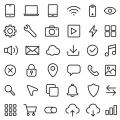 A set of linear icons for mobile interfaces.