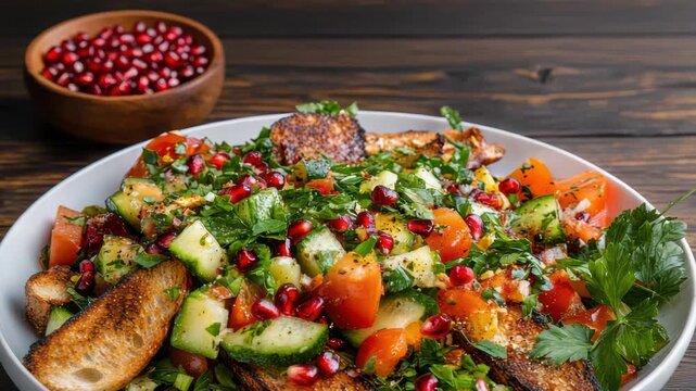 Fresh cucumber tomato pomegranate parsley salad with grilled bread, herbs and zesty dressing